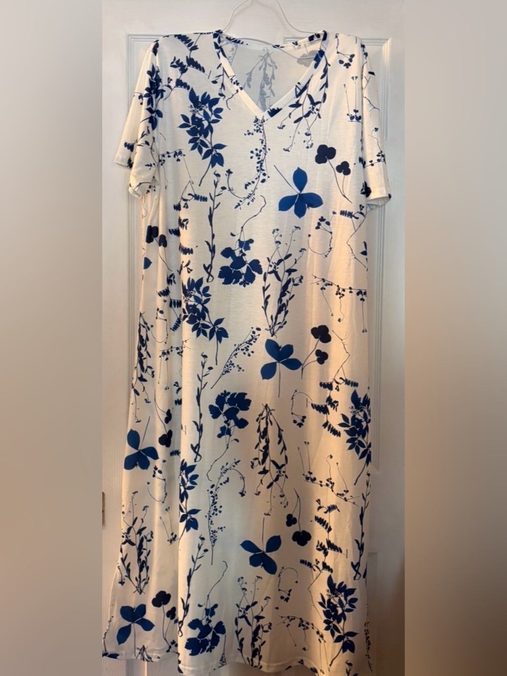 White &  Blue Floral V-Neck Women's long flattering dress with side slits